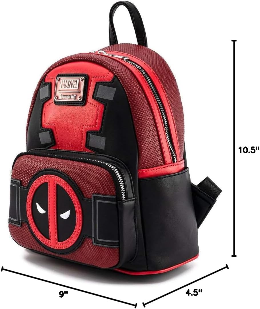 Red and black backpack with Deadpool logo and dimensions displayed