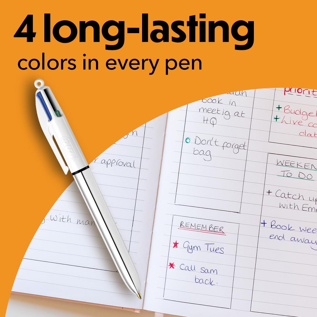 BIC 4 Color Shine Retractable Ballpoint Pen with 1.0 mm Medium Point and Metallic Silver Barrel, 6-Count in Assorted Ink