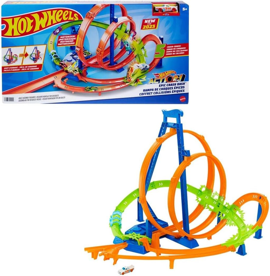 Hot Wheels Track Set, Epic Crash Dash with 5 Crash Zones, Motorized Booster and 1 Hot Wheels 1:64 Scale Toy Car, Easy Storage