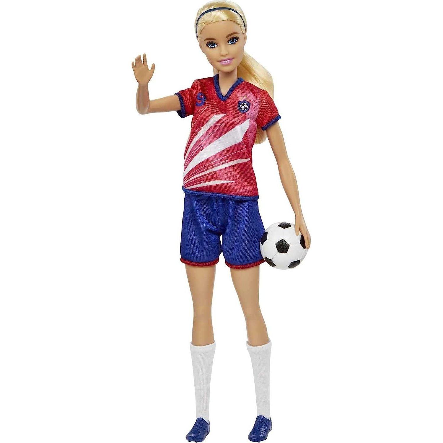 Mattel Barbie Soccer Fashion Doll with Blonde Ponytail, Colorful #9 Uniform, Cleats & Tall Socks, Soccer Ball 11.5 inches