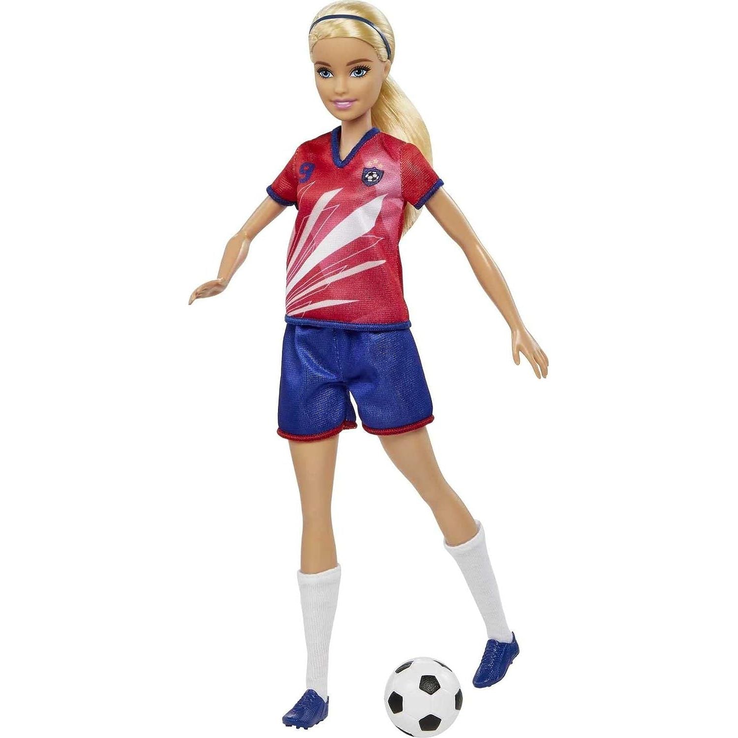 Mattel Barbie Soccer Fashion Doll with Blonde Ponytail, Colorful #9 Uniform, Cleats & Tall Socks, Soccer Ball 11.5 inches