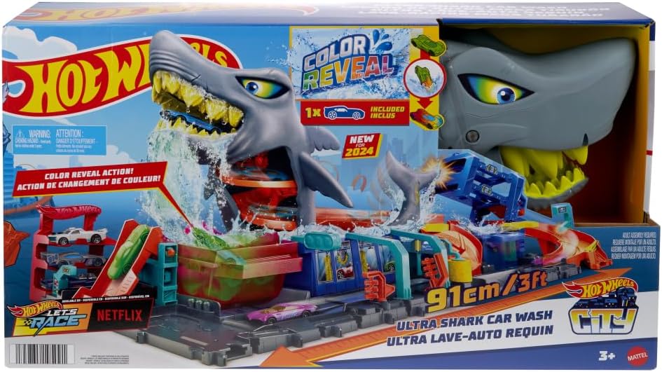 Hot Wheels Let's Race Netflix - City Shark Wash Station with 1:64 Scale Color Reveal Car, Colour Changing Function and Storage