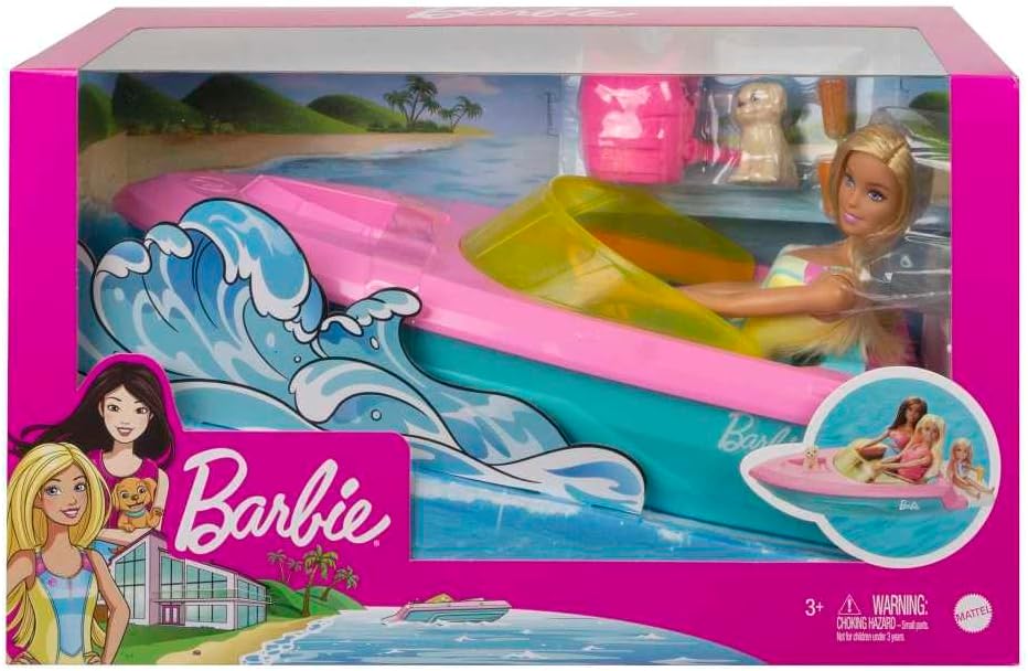 Mattel Barbie Doll And Boat With Puppy And Accessories, Floats in Water