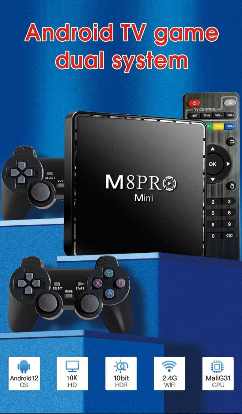 Retro M8 Pro Mini Super 3D Games + 10K Games + 2 Controllers - Android 12 - CPS3, GBA, N64, PS1, PSP, SNES