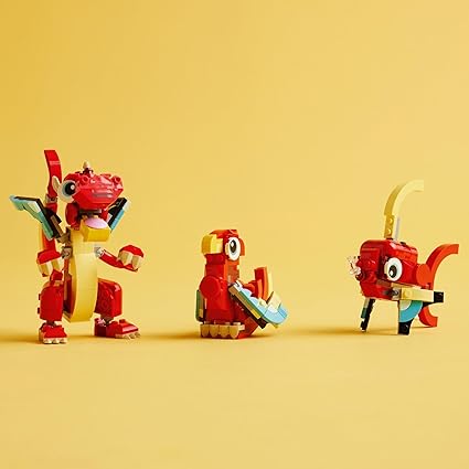 LEGO Creator 3 in 1 Red Dragon Toy 31145, Transforms from Dragon Toy to Fish Toy to Phoenix Toy, Gift Idea for Boys and Girls Ages 6 and Up, Animal Toy Set for Kids