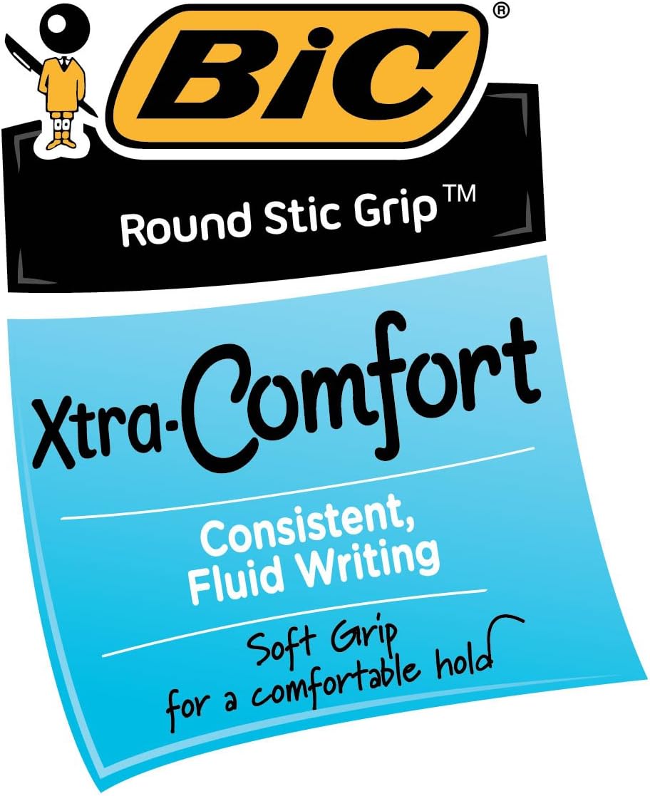 BIC Round Stic Grip Xtra Comfort Blue Ballpoint Pens, Medium Point (1.2mm), 12-Count Pack, Excellent Writing Pens With Soft Grip for Superb Comfort and Control