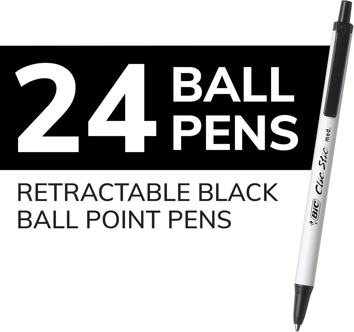 أقلام حبر جاف قابلة للسحب من BIC Clic Stic باللون الأسود، متوسطة الرأس (1.0 مم)، عبوة من 24 قلمًا، بتصميم أسطواني مستدير للكتابة المريحة 