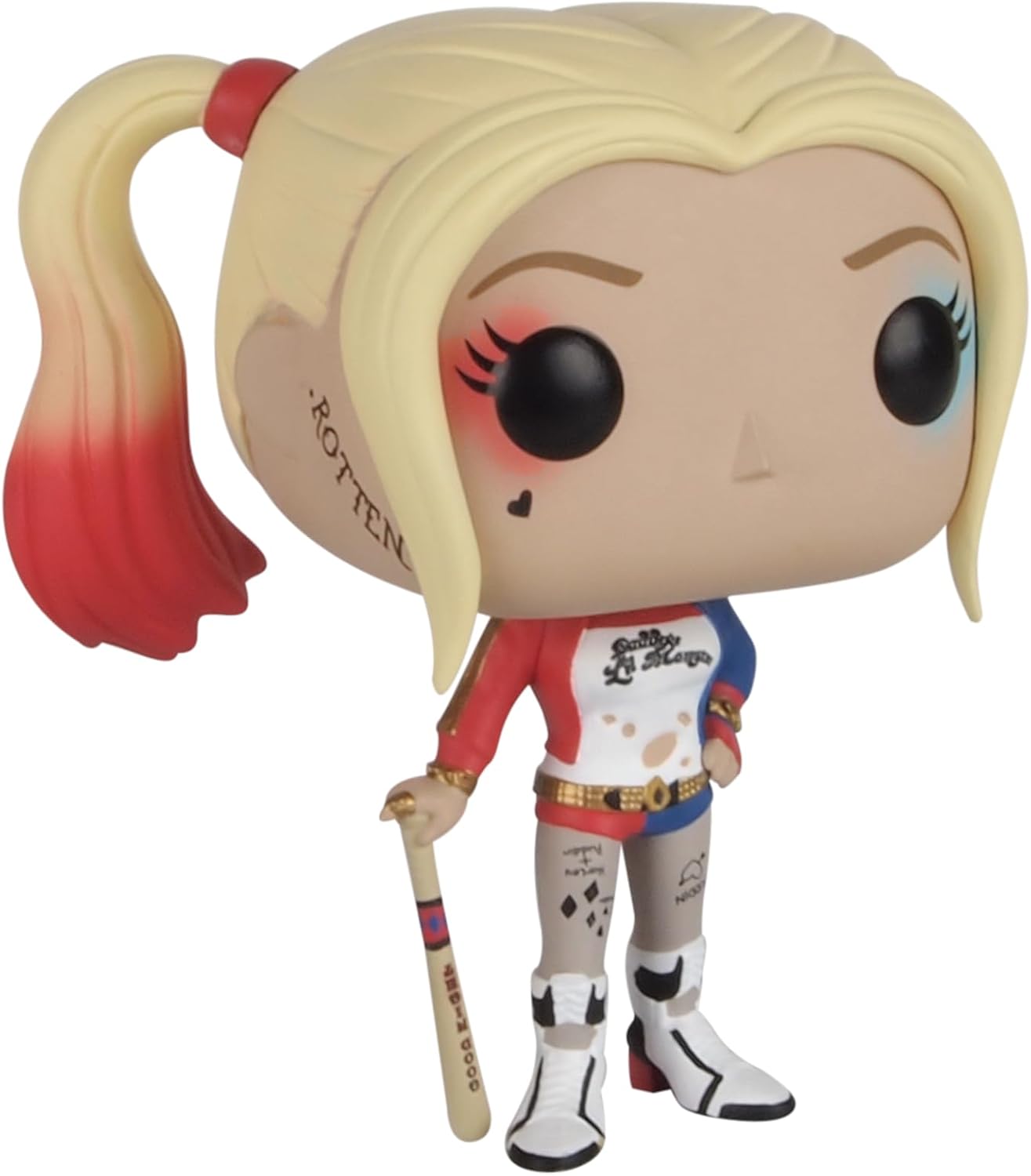 Funko Pop! vinyl figure of a character with a red and blonde ponytail, wearing a colorful outfit with a bat.