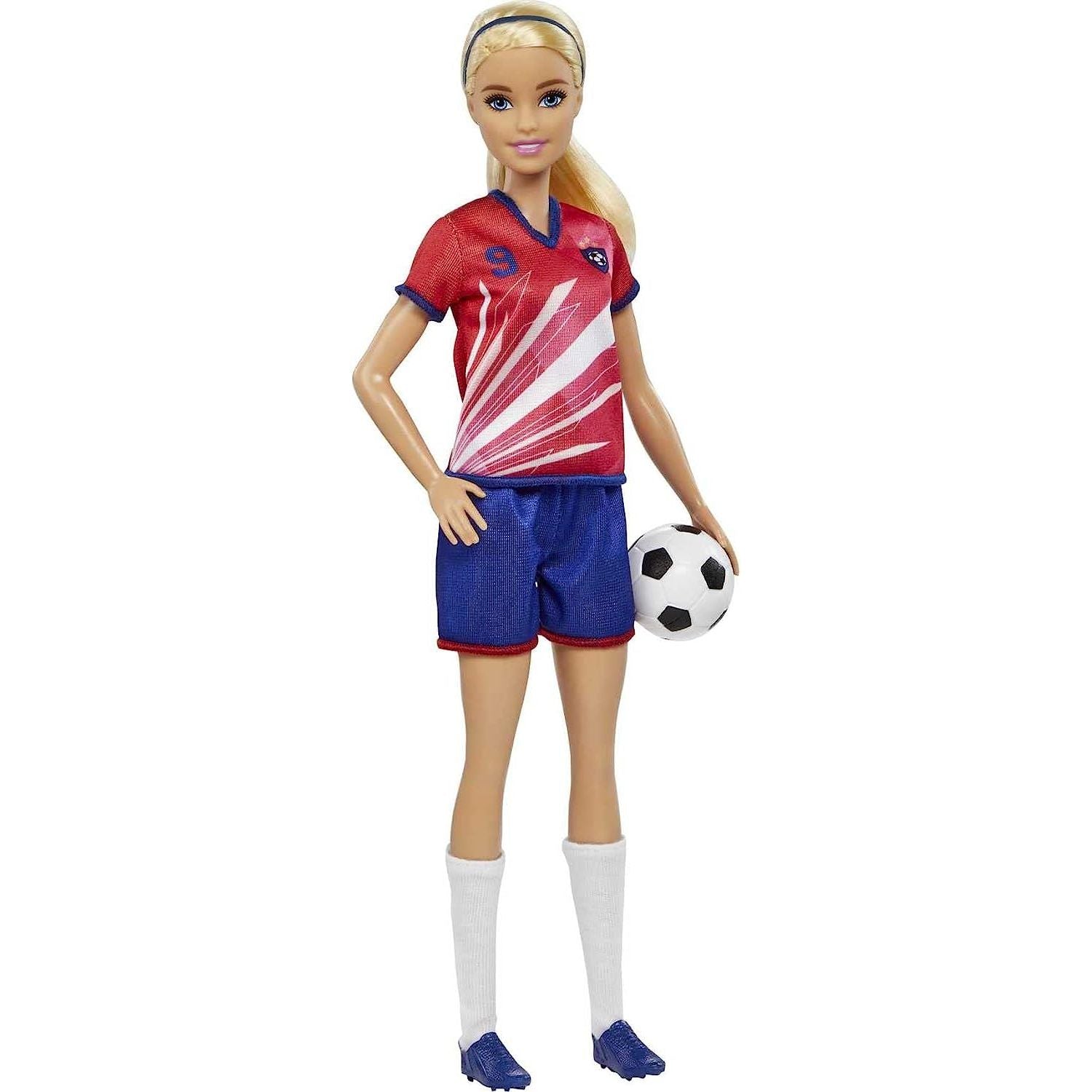 Mattel Barbie Soccer Fashion Doll with Blonde Ponytail, Colorful #9 Uniform, Cleats & Tall Socks, Soccer Ball 11.5 inches