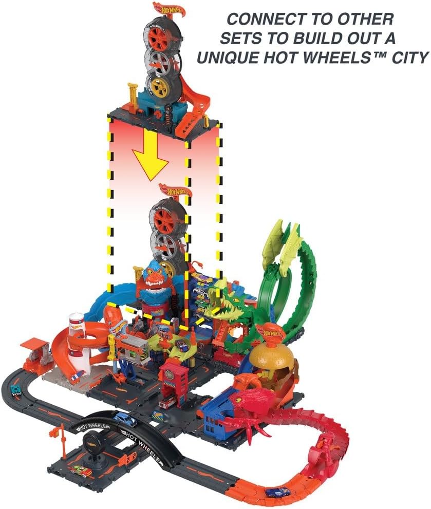 Hot Wheels Toy Car Track Set City Super Twist Tire Shop with 1:64 Scale Car, Single or Multi-Car Play