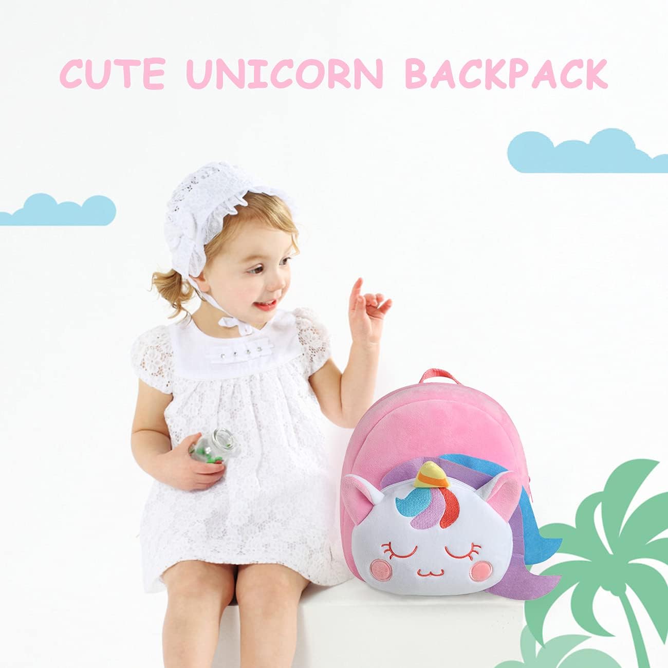 VASCHY Toddler Backpack, Baby Boys and Girls Cute Plush Animal Small Daycare Backpack for Baby Little Kids Smiling Unicorn