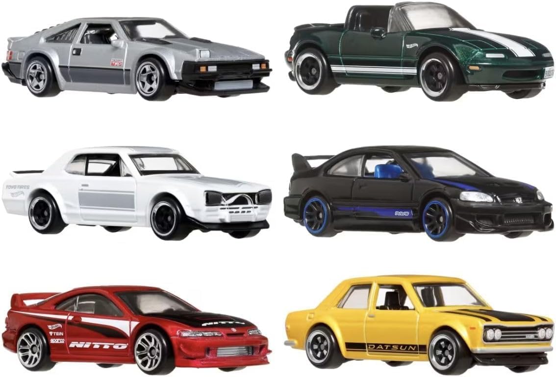 Hot Wheels Die-Cast Toy Cars, Set of 6 Japanese Vehicles with Elevated Deco 1:64 Scale  (Styles May Vary)
