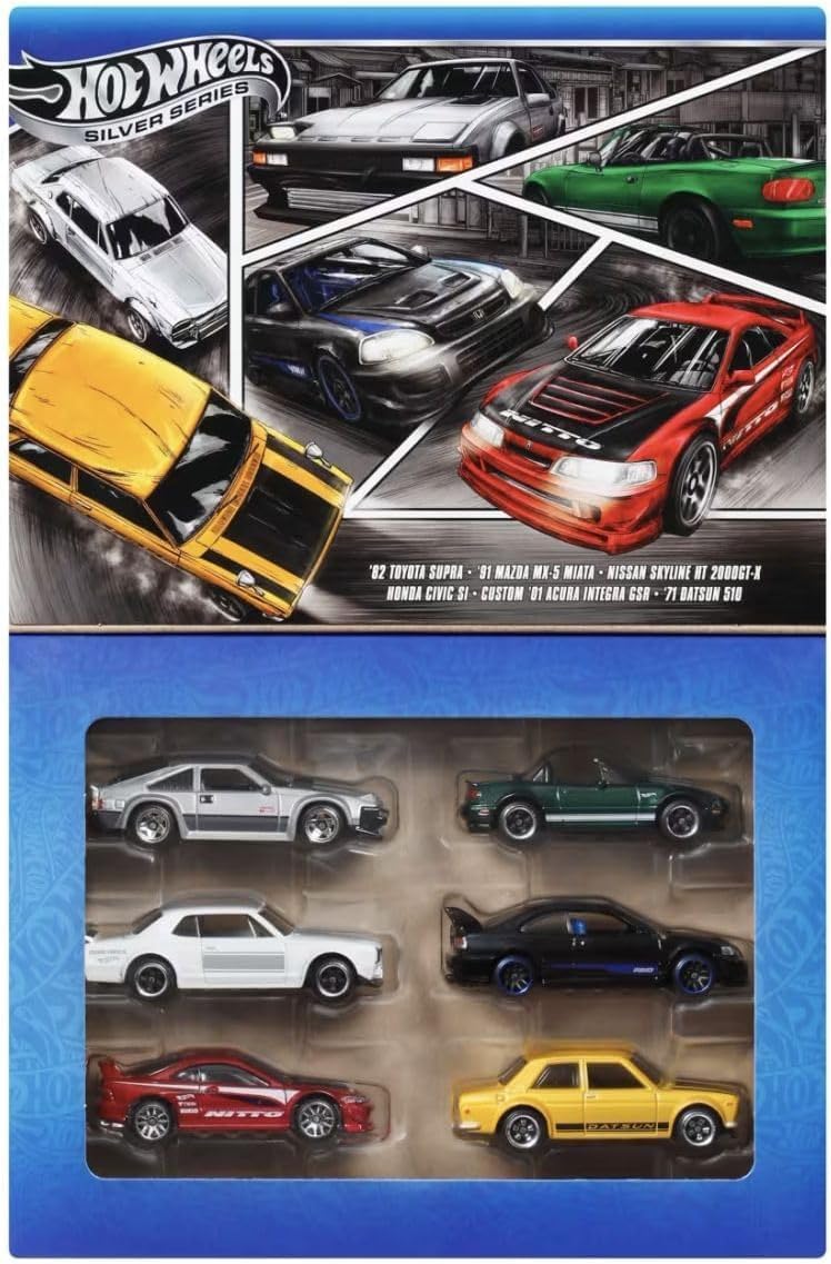 Hot Wheels Die-Cast Toy Cars, Set of 6 Japanese Vehicles with Elevated Deco 1:64 Scale  (Styles May Vary)