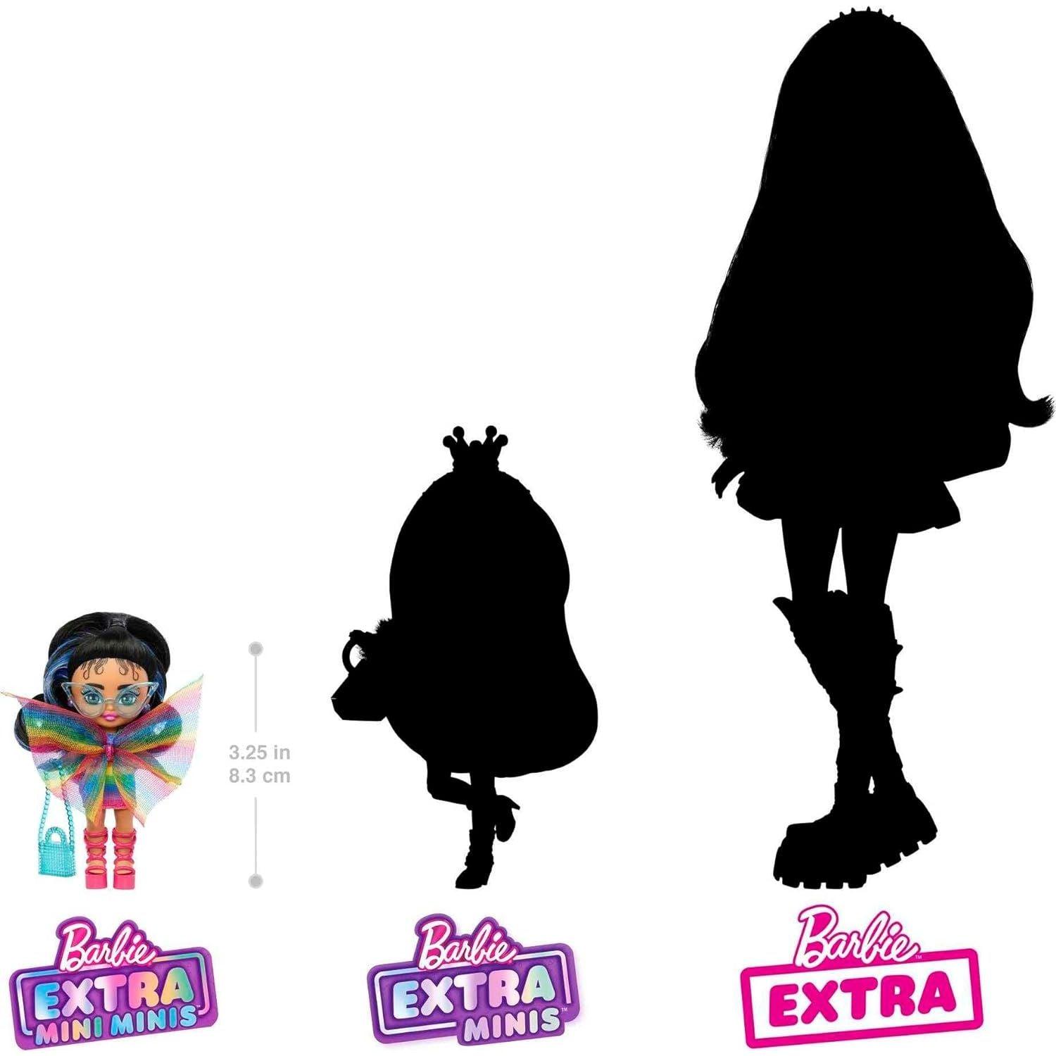 دمية باربي، دمية باربي الصغيرة جدًا مع فستان قوس قزح وذيل حصان أسود مع خطوط زرقاء وملابس وإكسسوارات