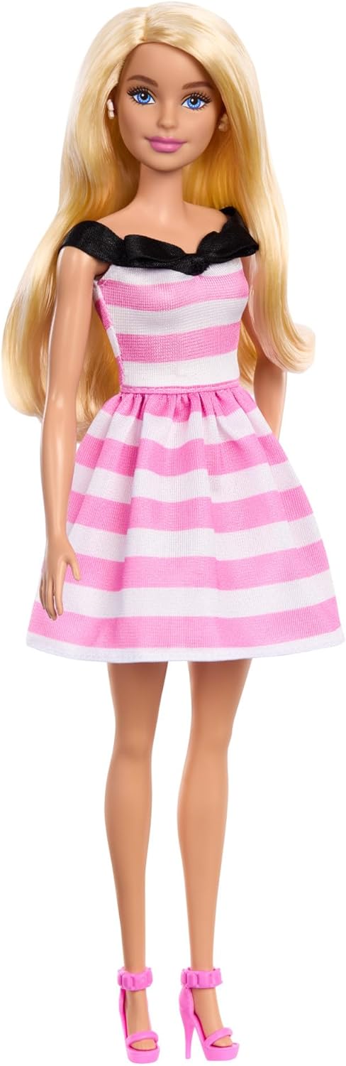 Barbie 65th Anniversary Fashion Doll With Blonde Hair, Pink Striped Dress And Accessories