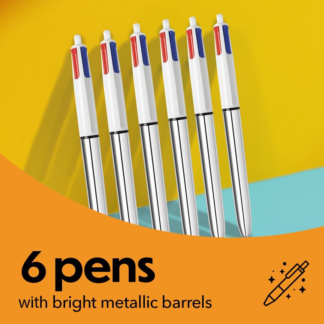 BIC 4 Color Shine Retractable Ballpoint Pen with 1.0 mm Medium Point and Metallic Silver Barrel, 6-Count in Assorted Ink
