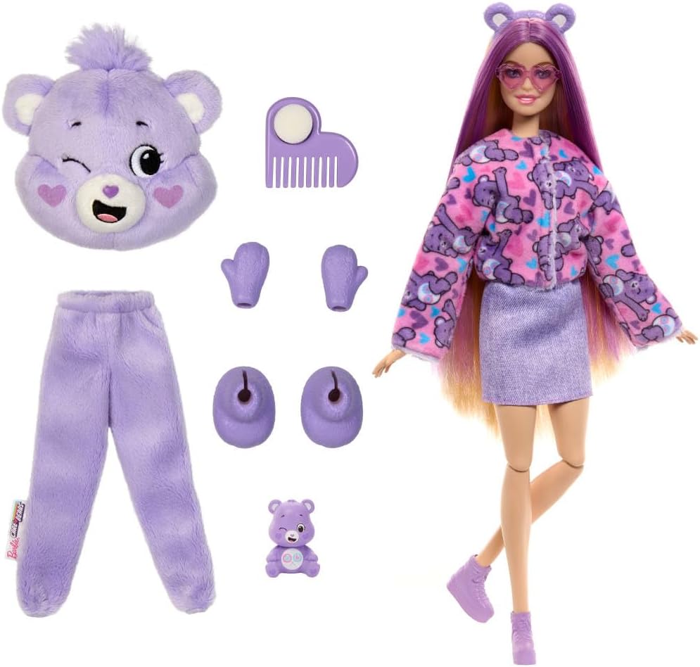 Barbie Cutie Reveal Doll & Accessories, Care Bears Series with Share Bear Plush Costume & 10 Surprises Including Color Change & Mini Bear