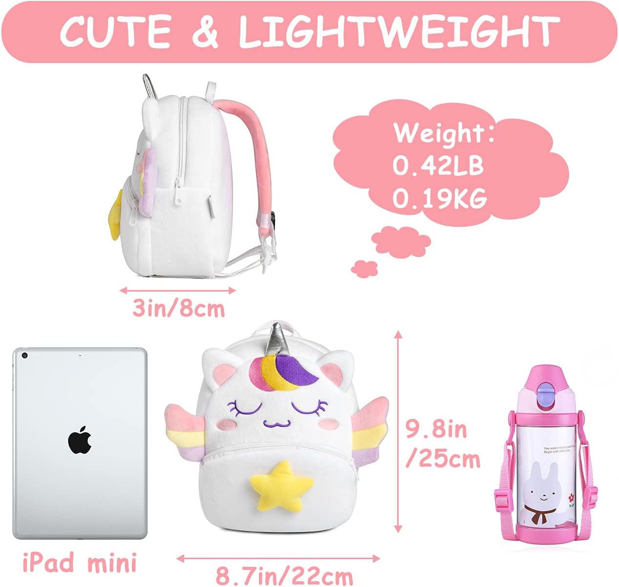 VASCHY Toddler Backpack, Baby Boys and Girls Cute Plush Animal Small Daycare Backpack for Baby Little Kids White Unicorn