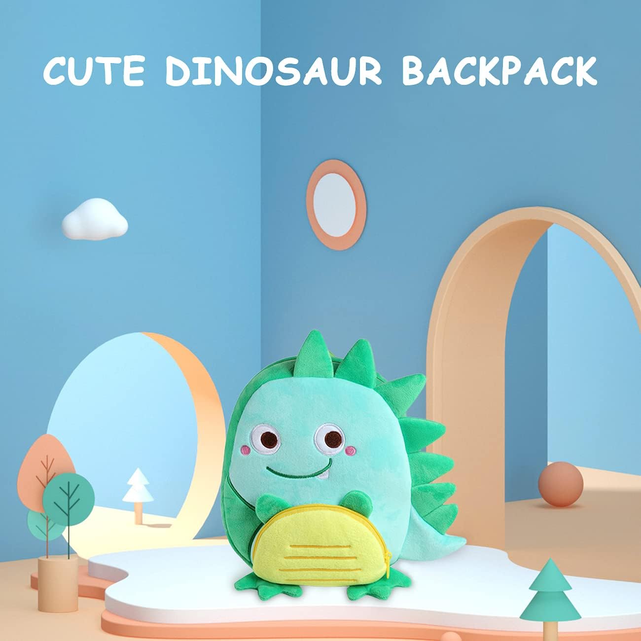 VASCHY Toddler Backpack, Baby Boys and Girls Cute Plush Animal Small Daycare Backpack for Baby Little Kids Smiling Dinosaur