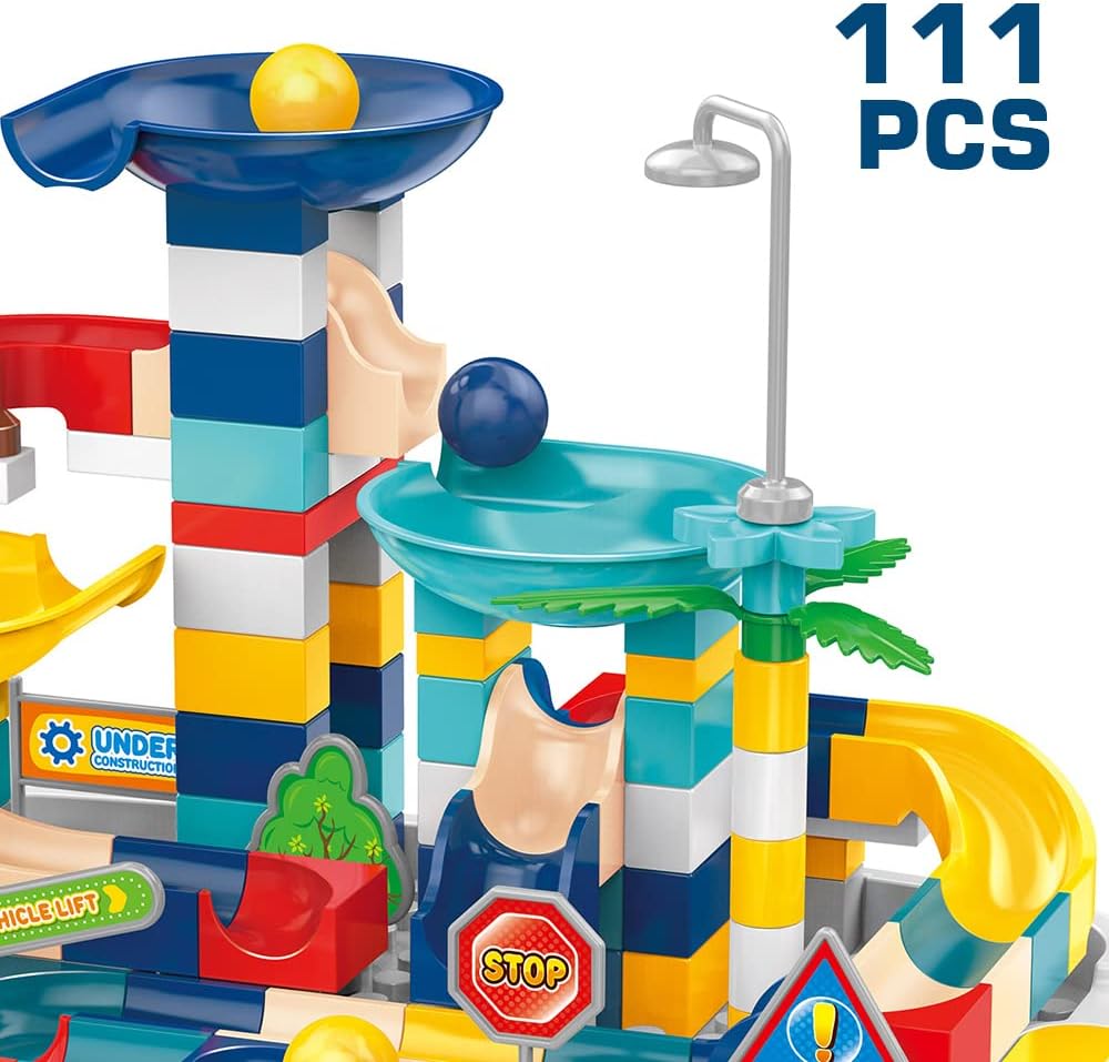 Eazy Kids Little Story DIY Slide Track Rolling Ball Building Blocks Table (111pcs), STEM Series - Multicolor