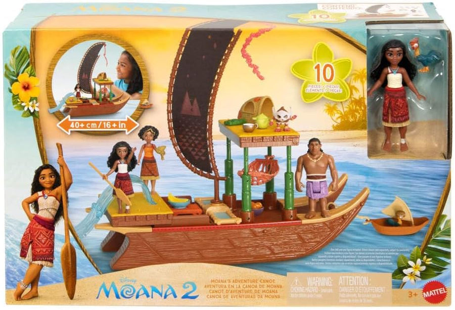 Mattel Disney Moana 2 Toys, Moana’s Adventure Canoe Playset with Floating Canoe, Moana Small Doll, 1 Character Friend, 6 Play Areas & 10 Accessories
