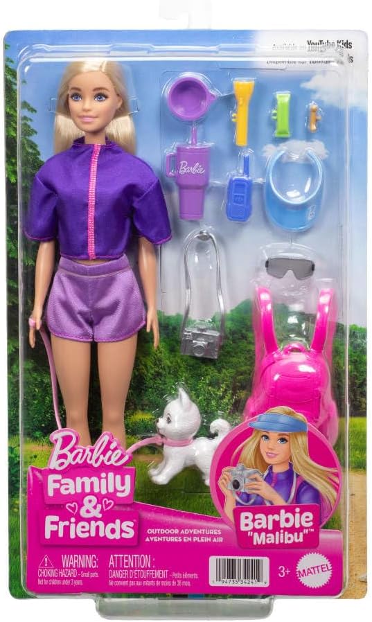 Barbie “Malibu” Outdoor Adventures Fashion Doll Wearing Adventure Outfit, with 10+ Camping-Themed Accessories Including Pet Puppy