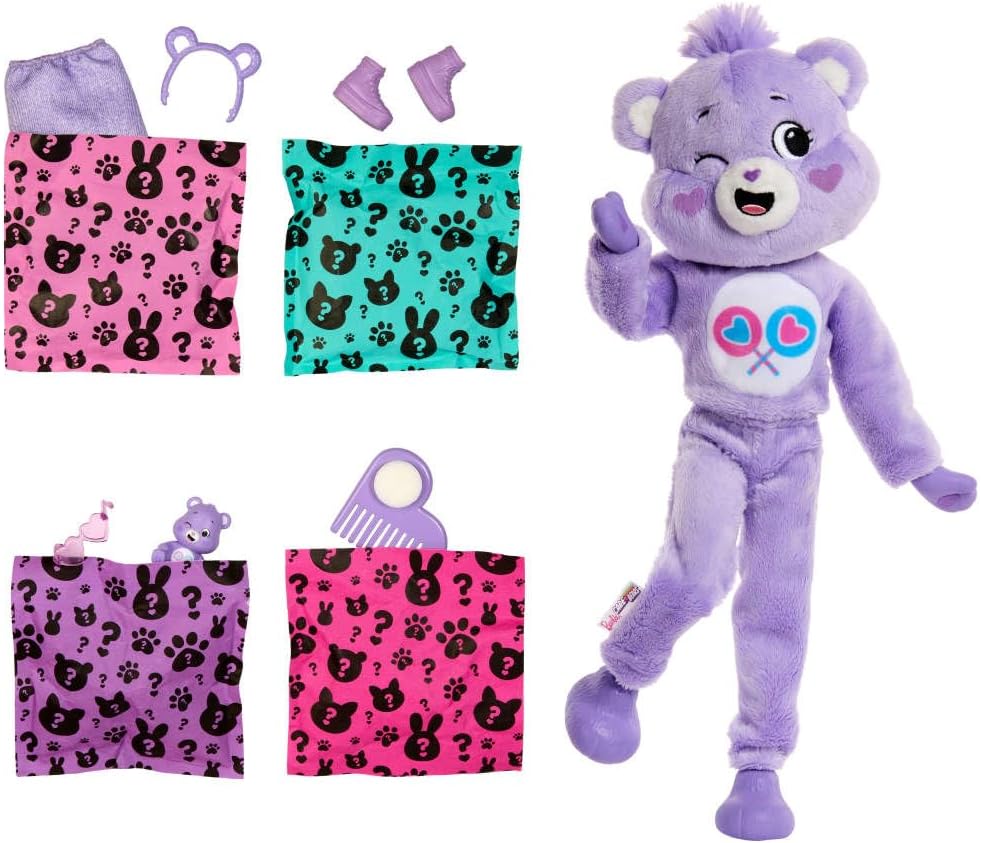 Barbie Cutie Reveal Doll & Accessories, Care Bears Series with Share Bear Plush Costume & 10 Surprises Including Color Change & Mini Bear