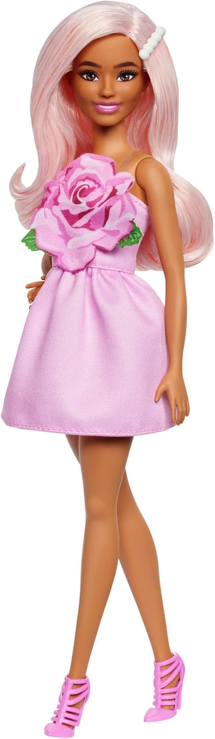 Barbie Fashionistas Doll #238 with Pastel Pink Hair Wearing Strapless Dress with Rose Bodice, Pearly Barrette Accessory and Strappy Pink Heels