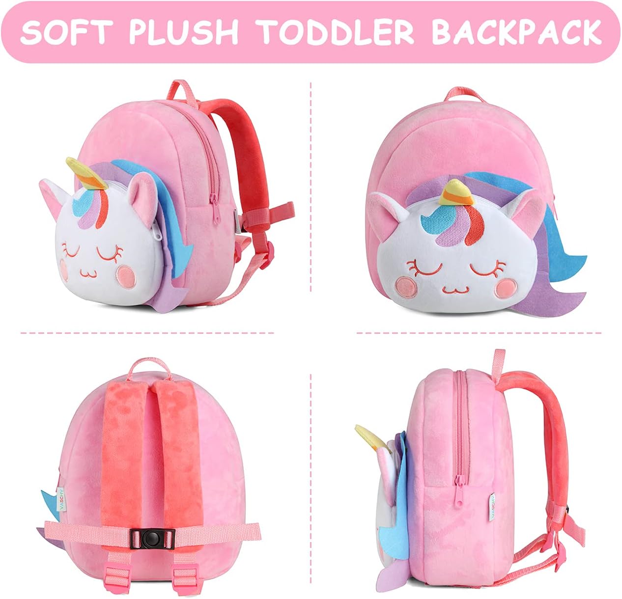 VASCHY Toddler Backpack, Baby Boys and Girls Cute Plush Animal Small Daycare Backpack for Baby Little Kids Smiling Unicorn