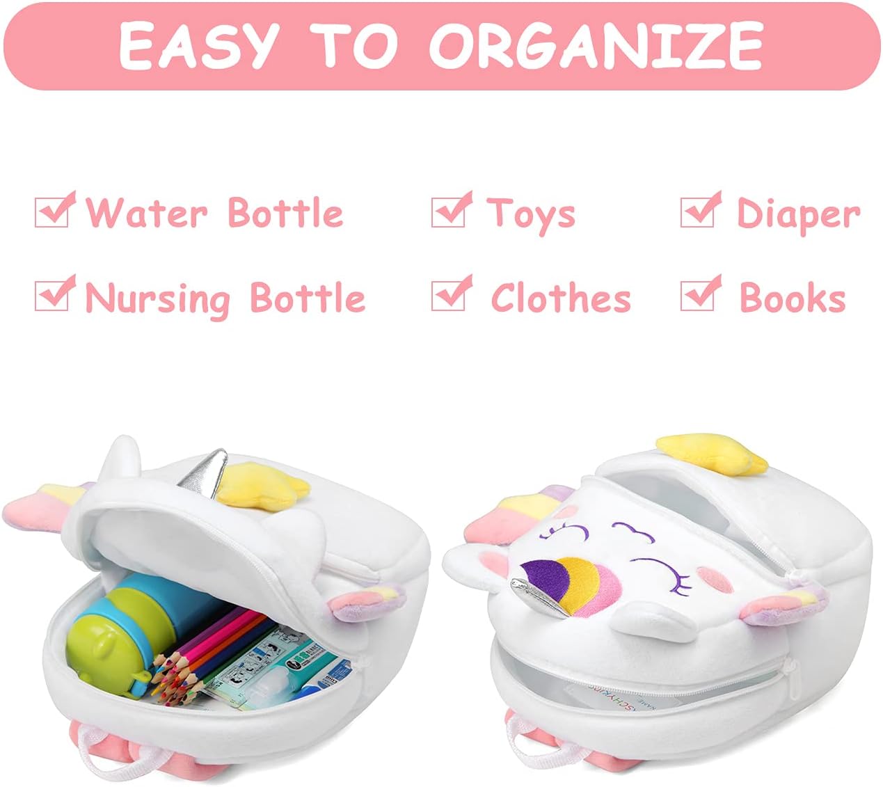 VASCHY Toddler Backpack, Baby Boys and Girls Cute Plush Animal Small Daycare Backpack for Baby Little Kids White Unicorn