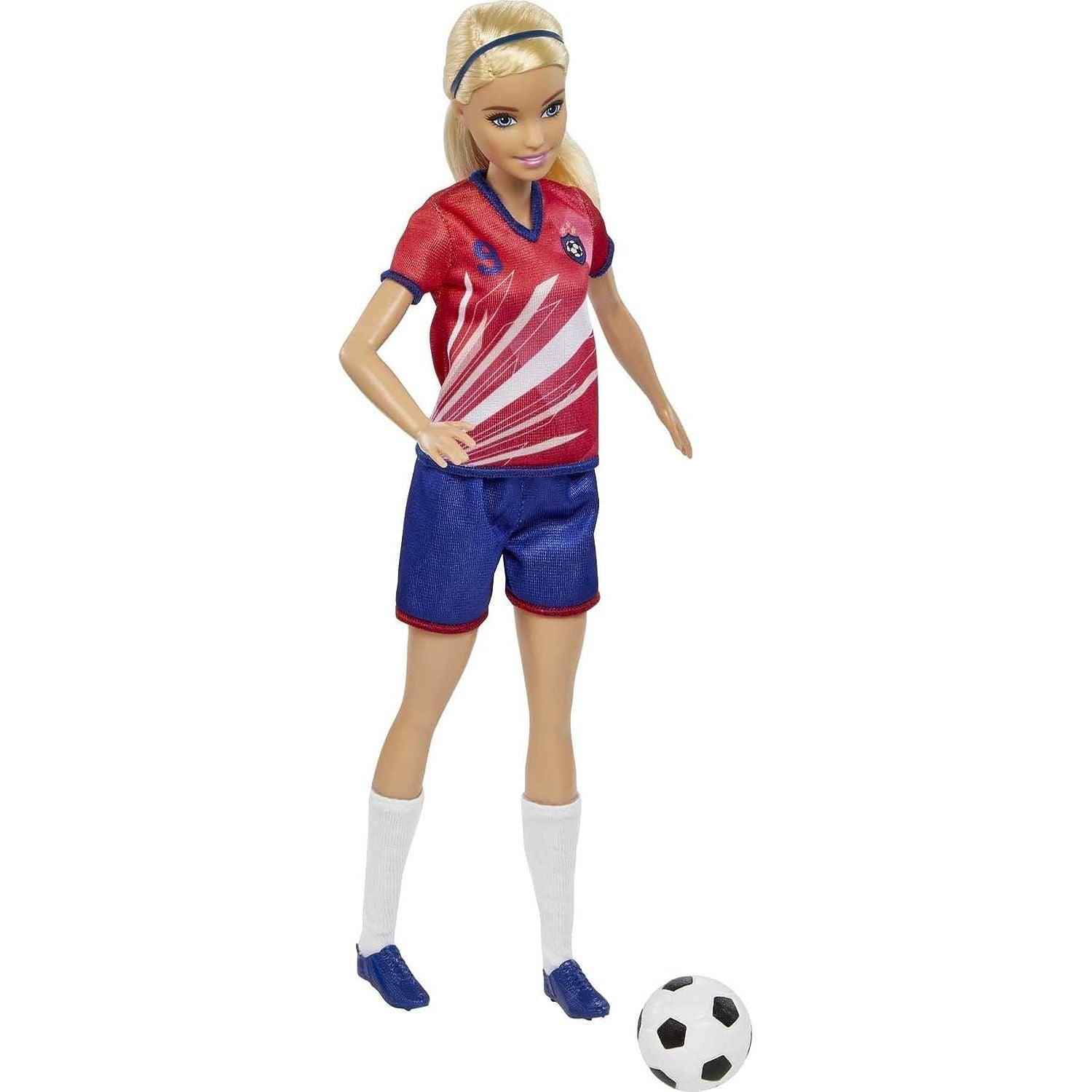 Mattel Barbie Soccer Fashion Doll with Blonde Ponytail, Colorful #9 Uniform, Cleats & Tall Socks, Soccer Ball 11.5 inches