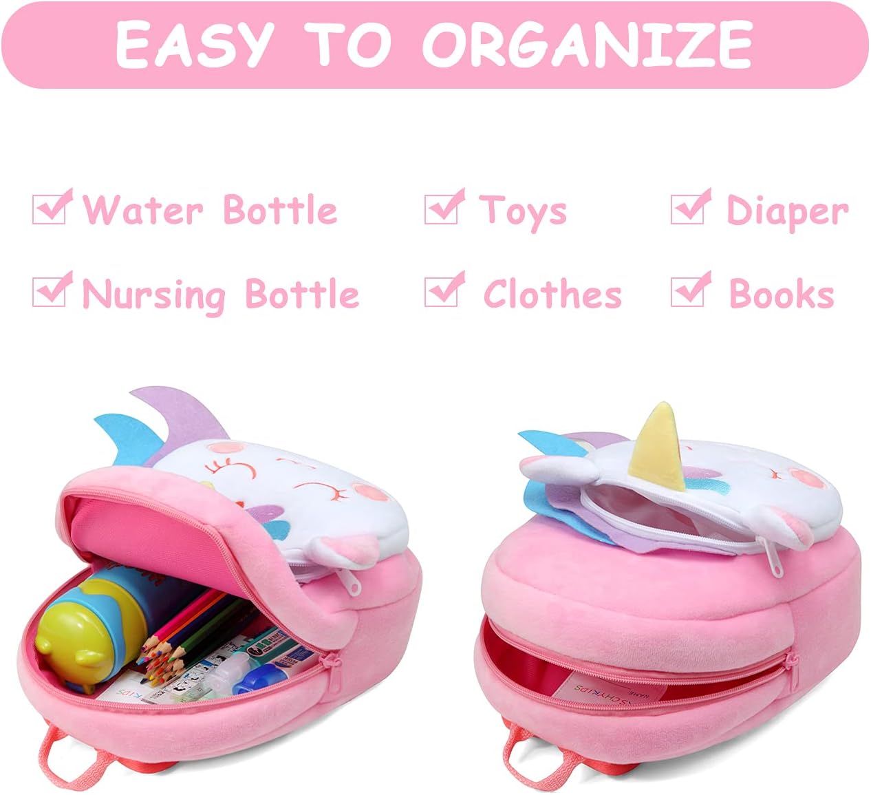 VASCHY Toddler Backpack, Baby Boys and Girls Cute Plush Animal Small Daycare Backpack for Baby Little Kids Smiling Unicorn