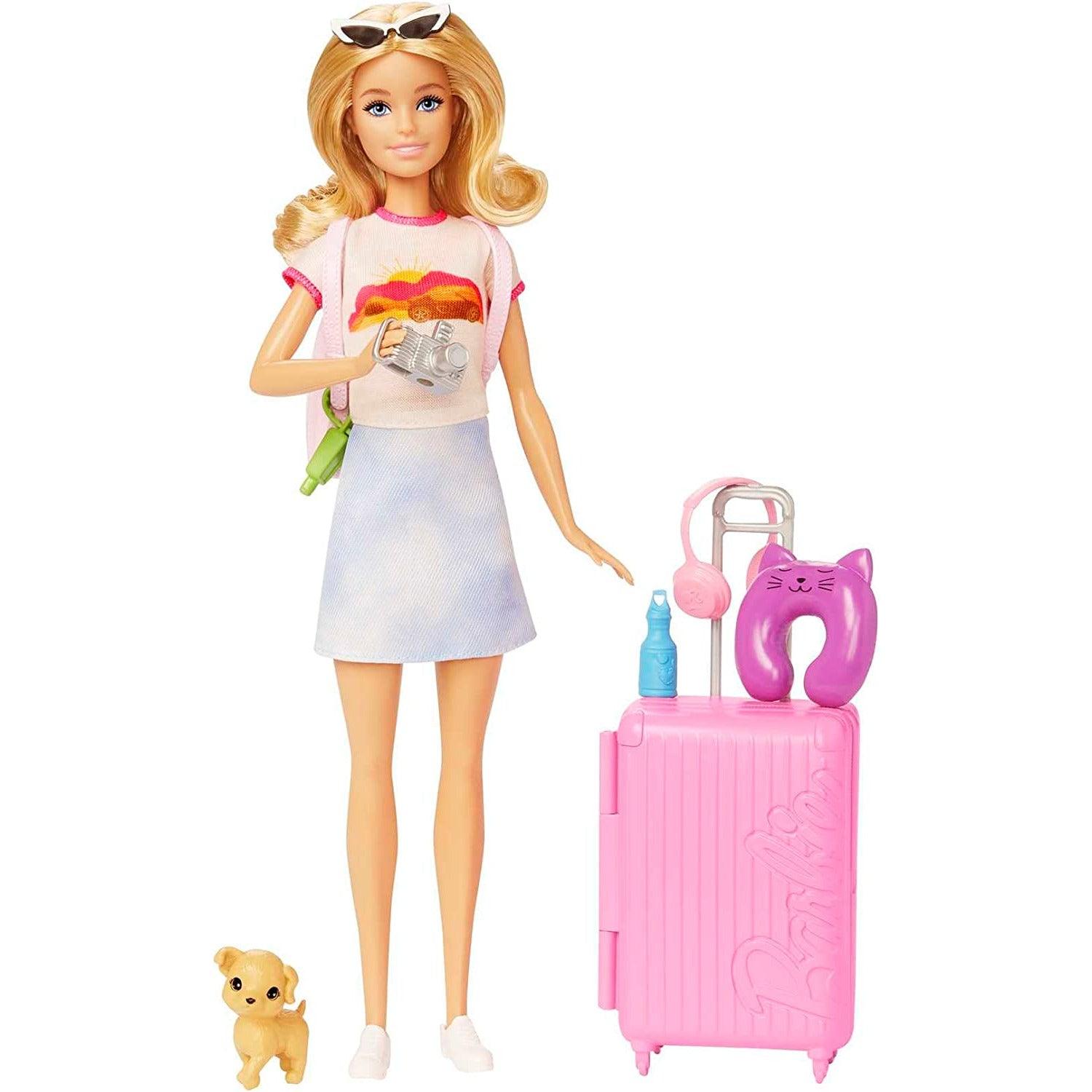 Barbie Doll & Accessories, Travel Set with Puppy, Malibu Doll with Blonde Hair