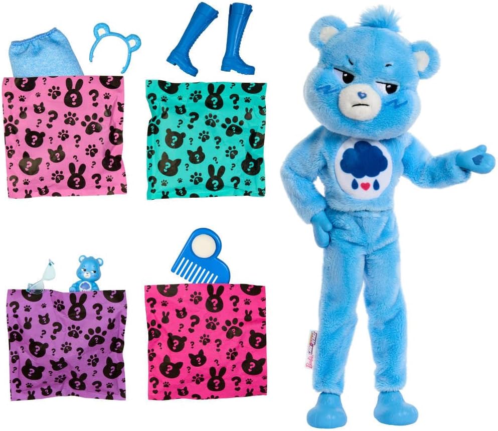 Barbie Cutie Reveal Care Bears Series Doll & Accessories Set with Grumpy Bear Costume & 10 Surprises Including Color Change & Mini Bear