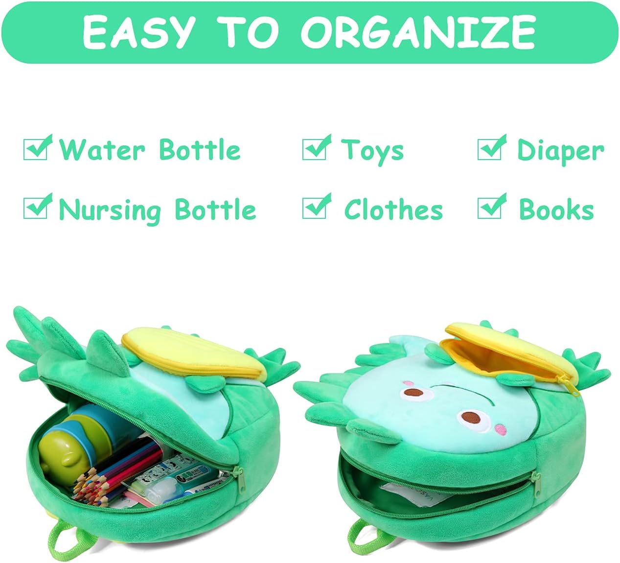 VASCHY Toddler Backpack, Baby Boys and Girls Cute Plush Animal Small Daycare Backpack for Baby Little Kids Smiling Dinosaur