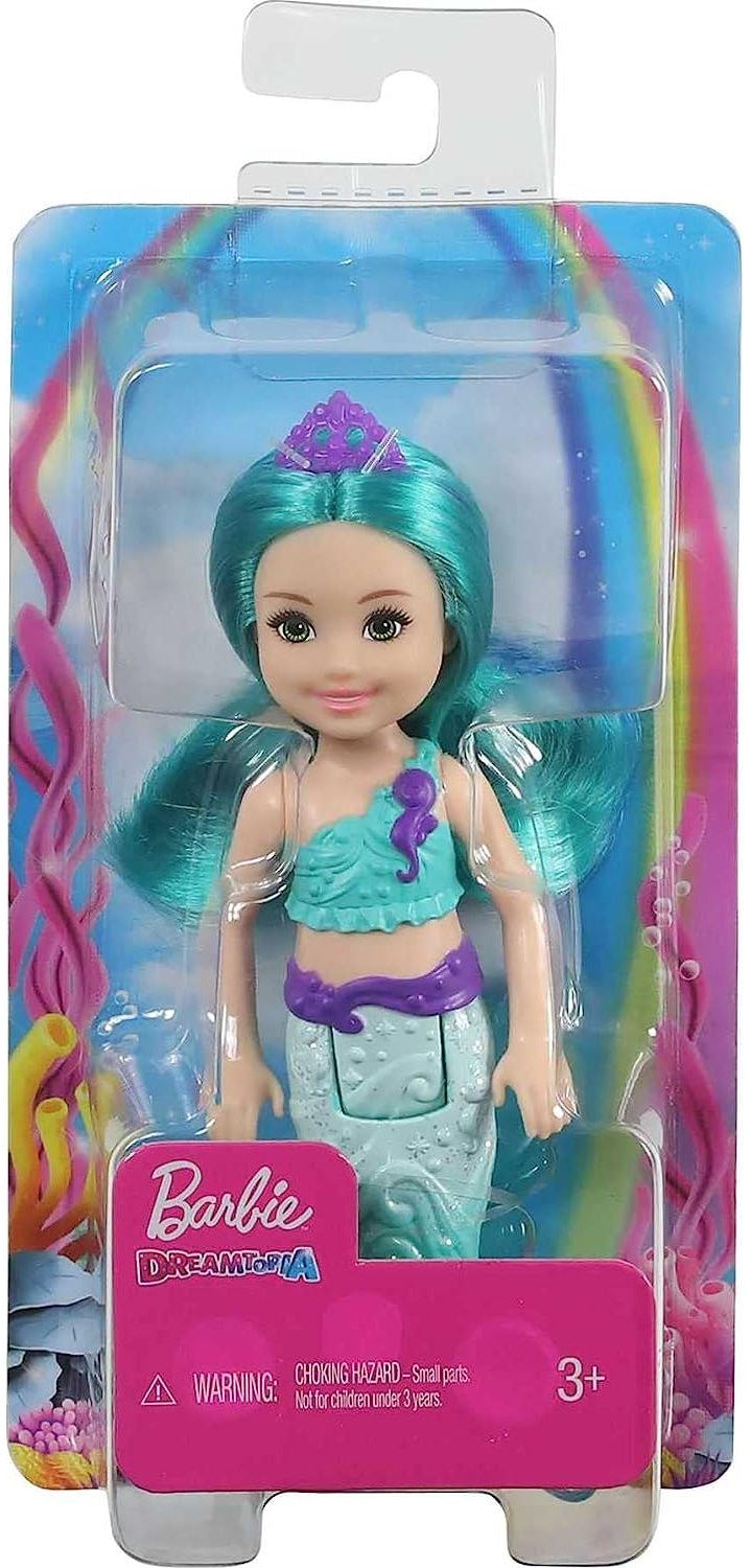 Barbie Dreamtopia Chelsea Mermaid Doll with Teal Hair & Tail, Tiara Accessory, Small Doll Bends At Waist