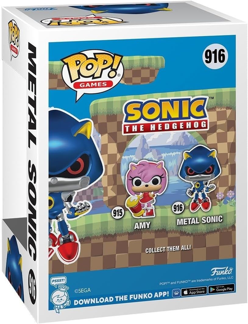Funko Pop! Games Sonic The Hedgehog collectible figure box, featuring Amy Rose and Metal Sonic on the front packaging with the number 916.