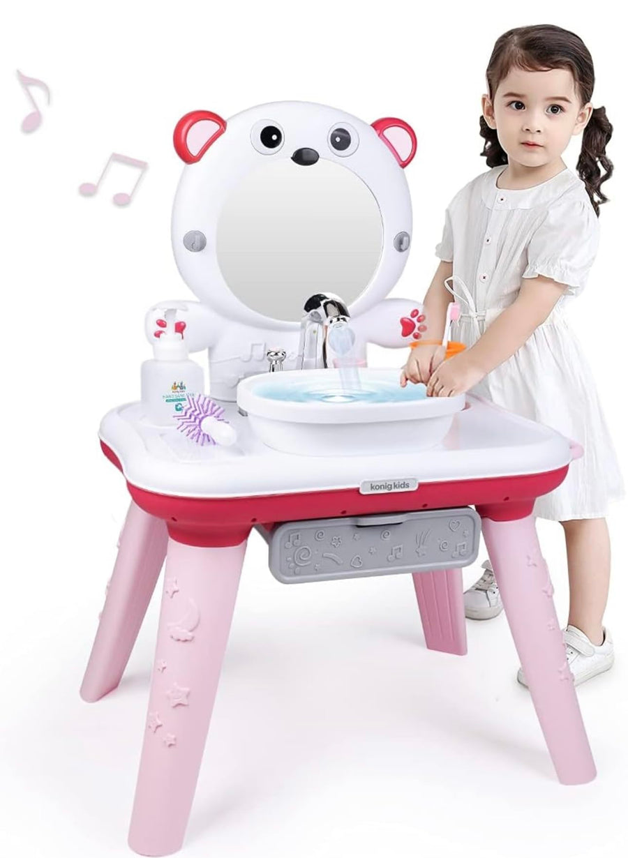 Konig Kids 3-in-1 Interactive Vanity & Sink Playset – Toddler Wash Basin with Real Water Flow, Music, and Lights – Convertible Study and Building Block Table for Early Hygiene Habits (Colors May Vary)