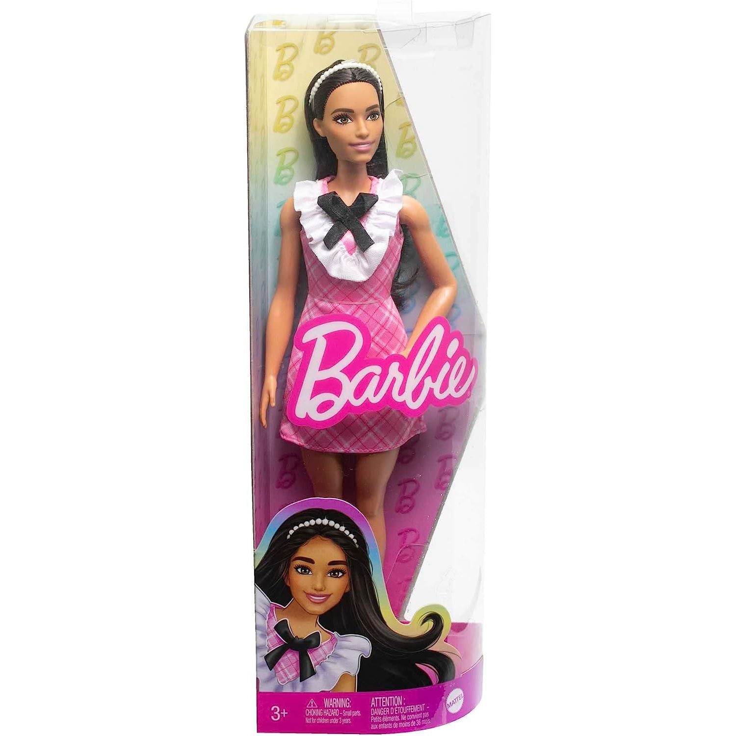 Mattel Barbie Fashionistas Doll #209 with Black Hair Wearing a Pink Plaid Dress, Pearlescent Headband and Strappy Heels