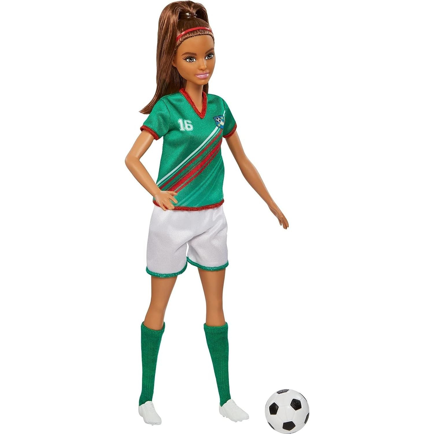Mattel Barbie Soccer Fashion Doll with Brunette Ponytail, Colorful #16 Uniform, Cleats & Tall Socks, Soccer Ball 11.5 inches
