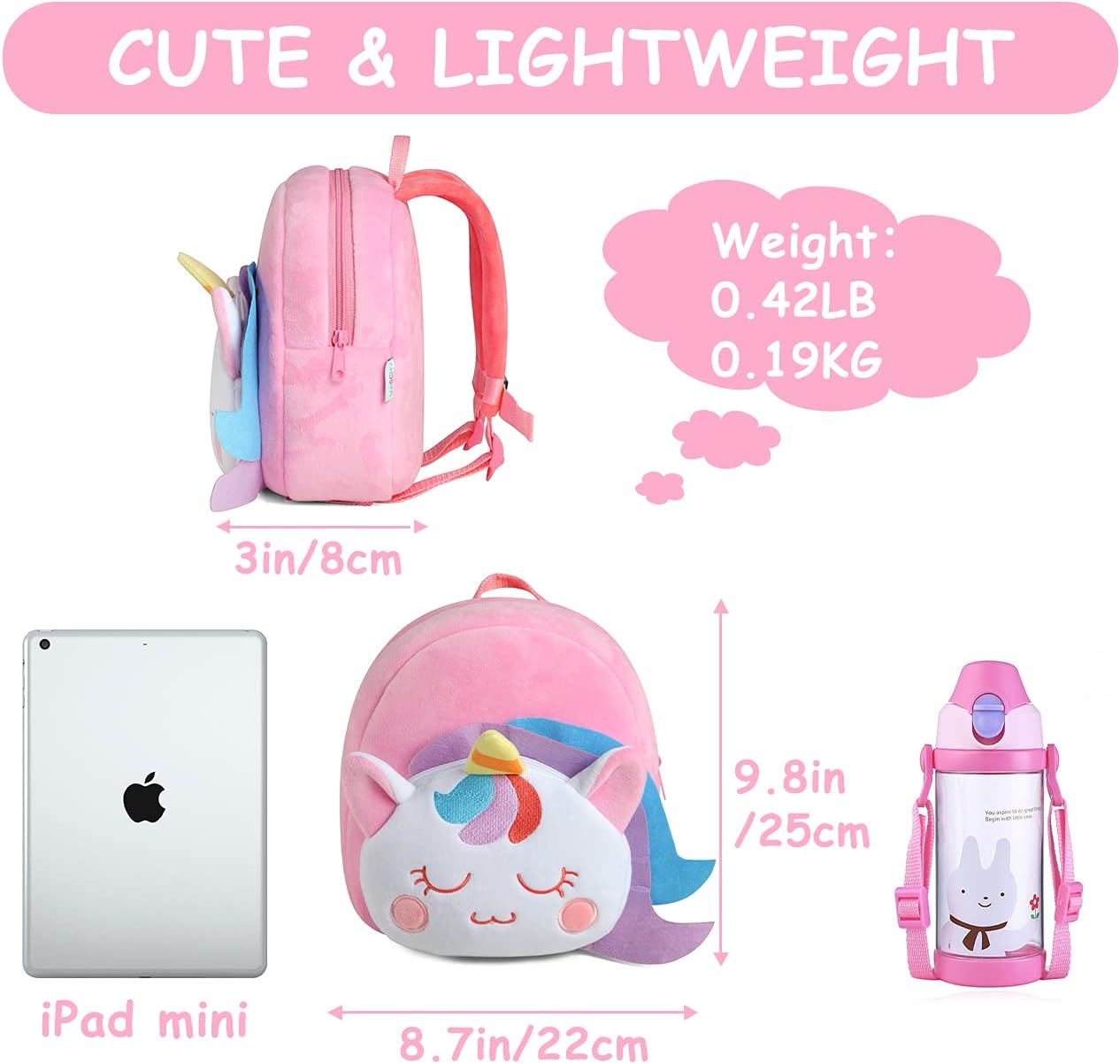 VASCHY Toddler Backpack, Baby Boys and Girls Cute Plush Animal Small Daycare Backpack for Baby Little Kids Smiling Unicorn