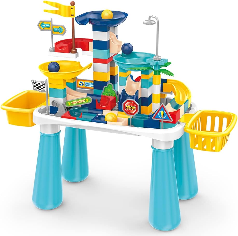 Eazy Kids Little Story DIY Slide Track Rolling Ball Building Blocks Table (111pcs), STEM Series - Multicolor