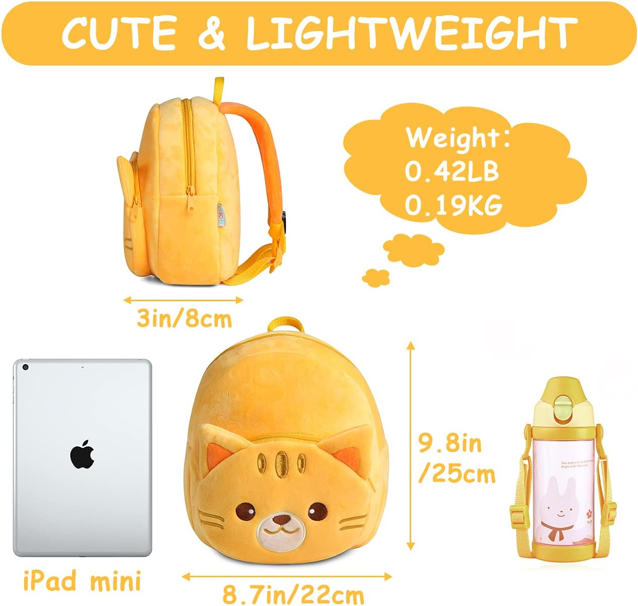 VASCHY Toddler Backpack, Baby Boys and Girls Cute Plush Animal Small Daycare Backpack for Baby Little Kids Yellow Cat