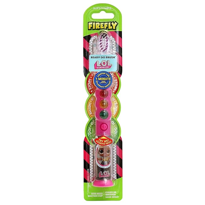 Firefly Ready Go Light Up Timer Toothbrush, L.O.L. Surprise!, Premium Soft Bristles, 1 Minute Timer, Less Mess Suction Cup, Battery Included, Easy Storage, Dentist Recommended