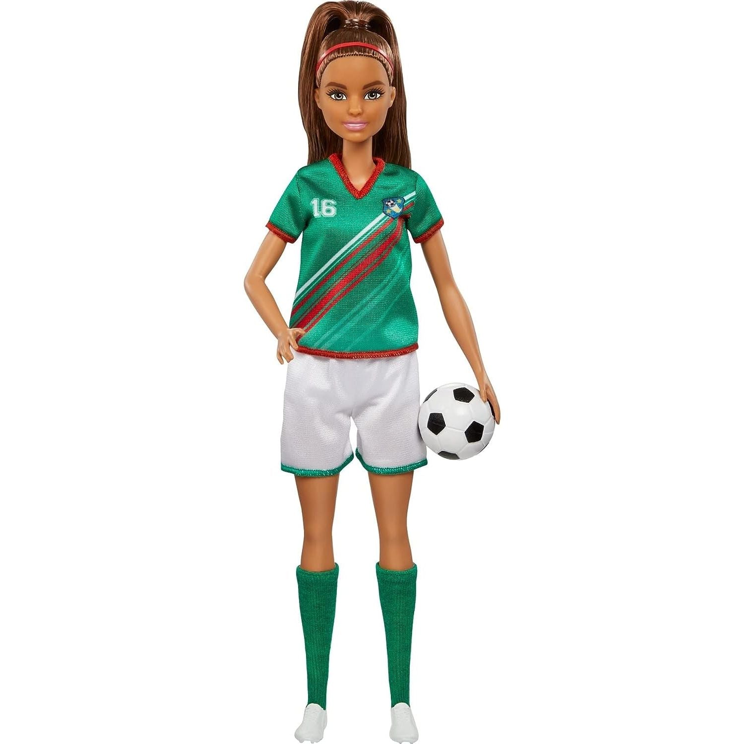 Mattel Barbie Soccer Fashion Doll with Brunette Ponytail, Colorful #16 Uniform, Cleats & Tall Socks, Soccer Ball 11.5 inches