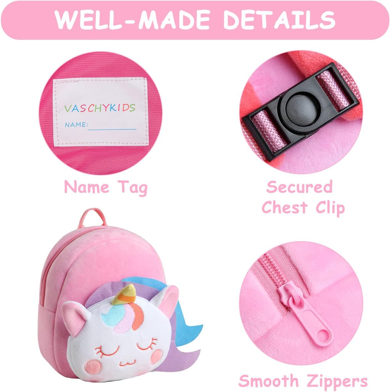 VASCHY Toddler Backpack, Baby Boys and Girls Cute Plush Animal Small Daycare Backpack for Baby Little Kids Smiling Unicorn