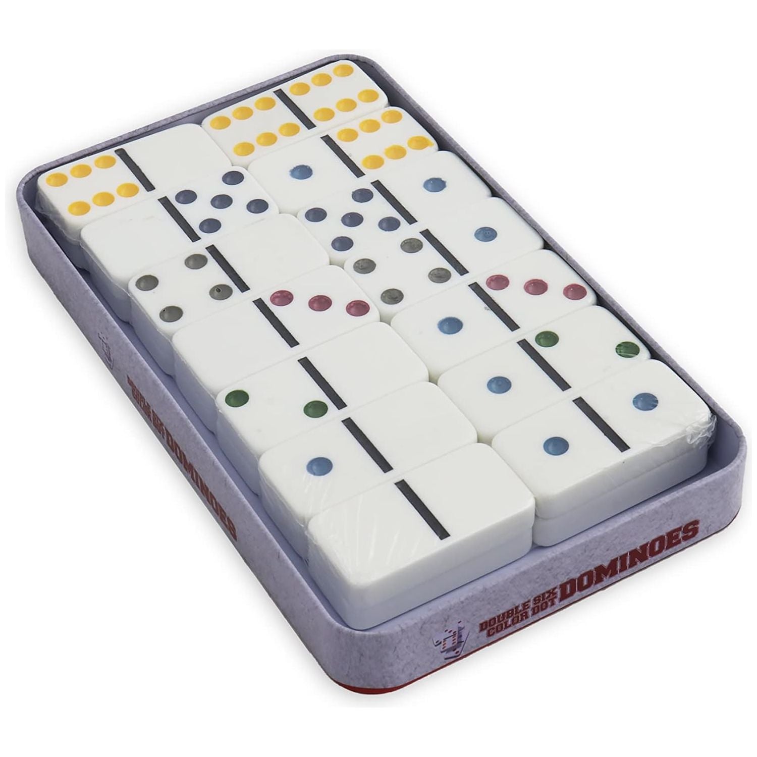 Double six color dot dominoes assorted tin box