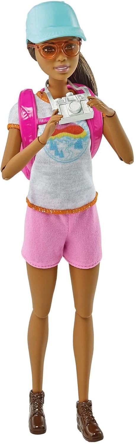 Barbie Self-Care Doll, Brunette Posable Hiking Doll with Puppy & Accessories Including Backpack Pet Carrier & Camera