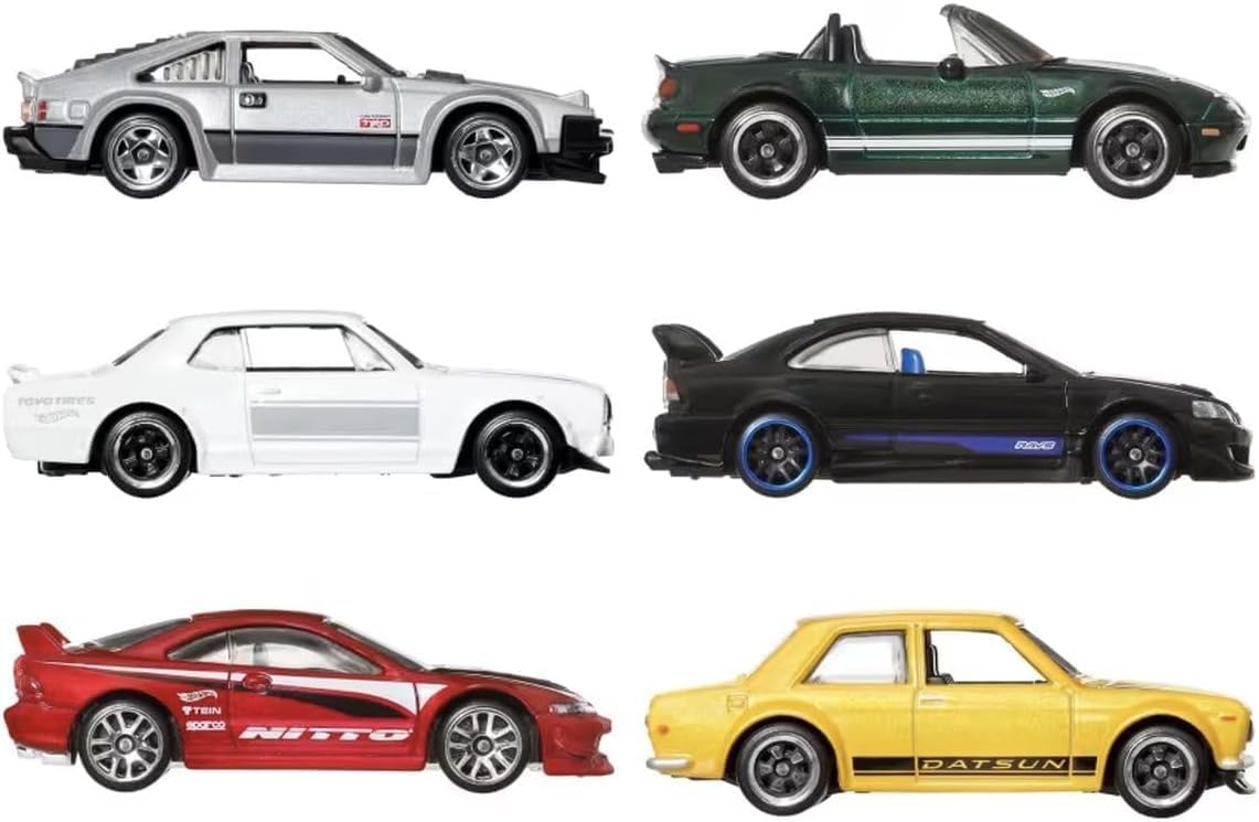 Hot Wheels Die-Cast Toy Cars, Set of 6 Japanese Vehicles with Elevated Deco 1:64 Scale  (Styles May Vary)
