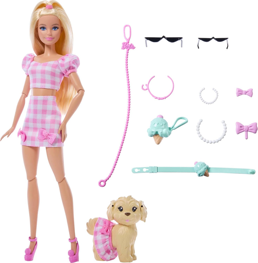 Barbie Twinning Looks Doll with Pet Dog in Matching Pink Gingham Clothes and Accessories for Both Like Sunglasses, Necklaces and Bows, Blonde